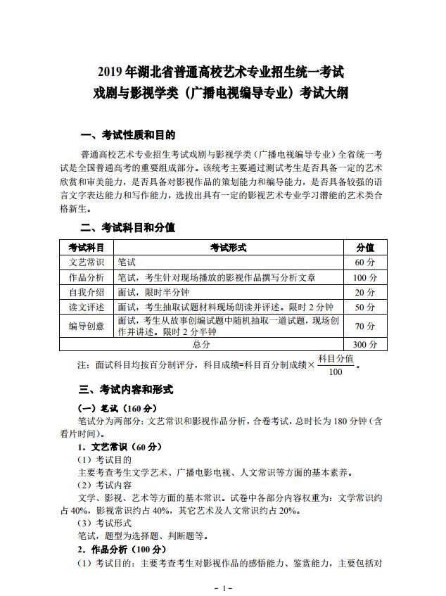 2019 年湖北省藝術專業招生統一考試戲劇與影視學類（廣播電視編導專業）考試大綱1.jpg